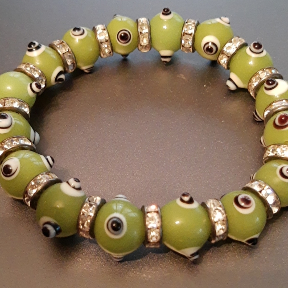 Green eyeball Evil Eye rhinestone stretch bracelet
